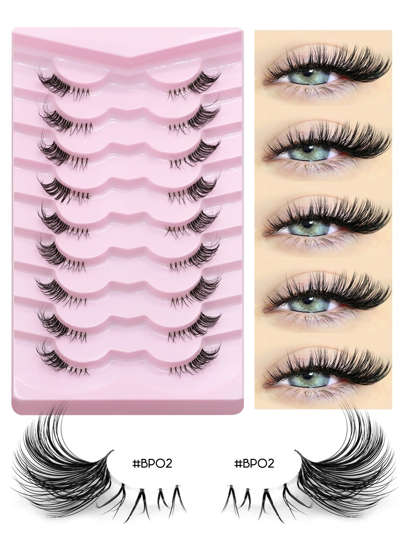 GROINNEYA Half Lashes, 3D Natural False Cat Eye Lashes, Soft Cross, Clear Band, Eyelash Extensions