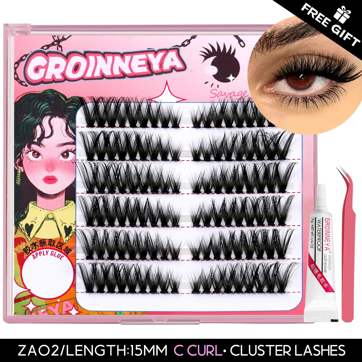 GROINNEYA Lash Clusters Kit False Eyelashes & Tools Lash Bond And Seal And Eyelash Tweezers DIY Lash Extension Kit Makeup