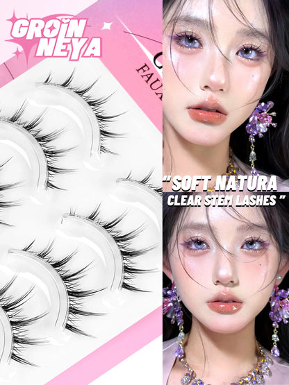 GROINNEYA Korean Manga Lashes, 5 Pairs, Natural Wispy Soft False Eyelashes, Comic Eye, Clear Band Extensions