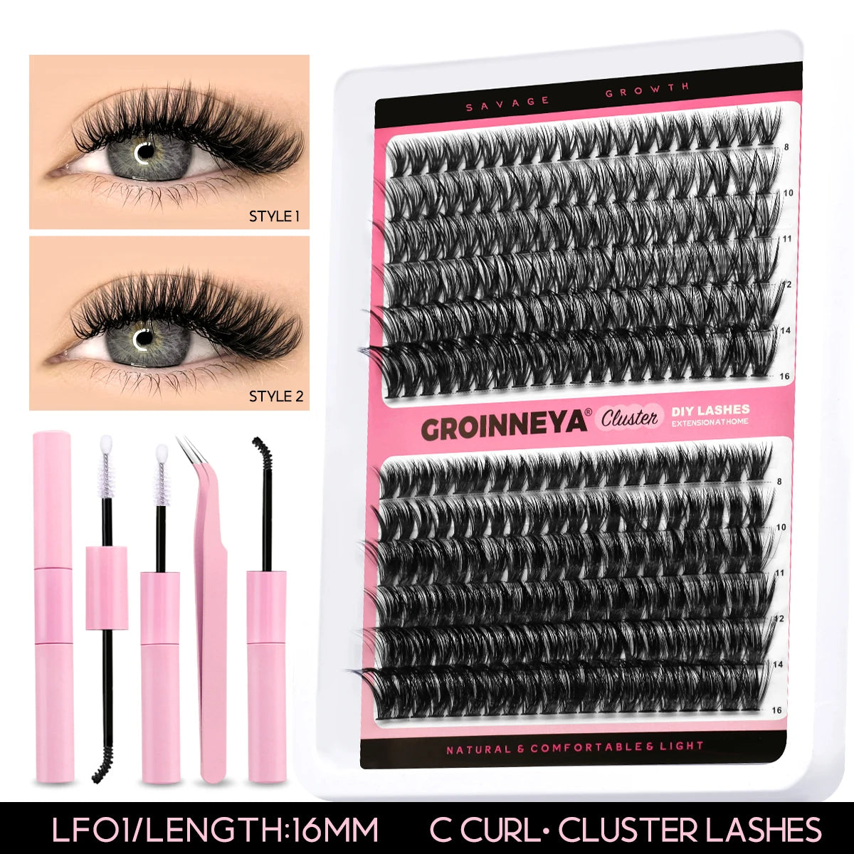 GROINNEYA Lash Clusters Kit DIY Lash Extension Kit Individual Lashes Cluster with Lash Bond & Seal & Remover EyeLashes Extension