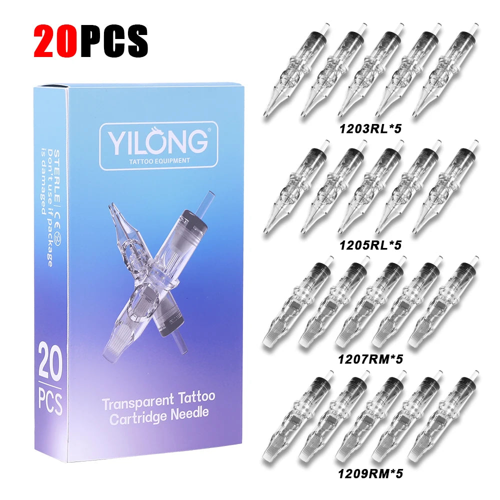 20/50PCS Transparent Tattoo Needle Cartridges - RL, RS, M1, CM Sterilized & Safe