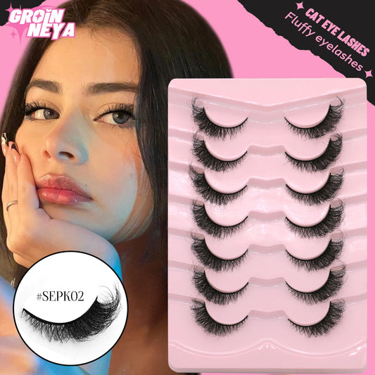 GROINNEYA Cat Eye Fluffy Lashes, Faux Mink, Long 5/7 Pairs, Dramatic Volume Lashes, Extension Makeup