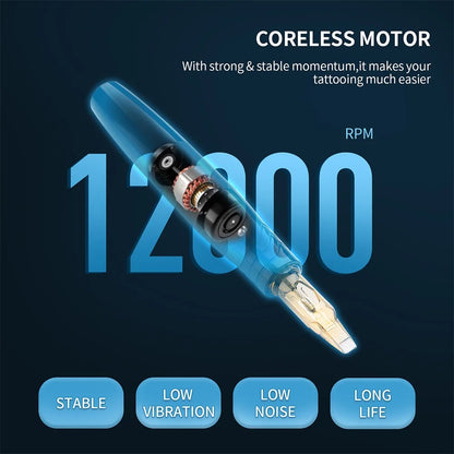 12000RPM Dual-Head Tattoo Rotary Pen - Coreless Motor for PMU, Body, Brows, Lips, Eyeliner