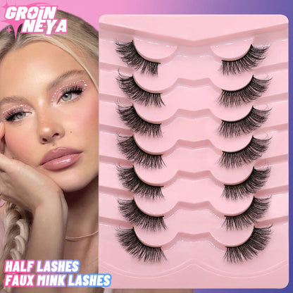 GROINNEYA Half Eye Lashes, 5/7 Pairs, New Faux Mink, Wispy Fluffy False Eyelashes, Cat Eye Extensions