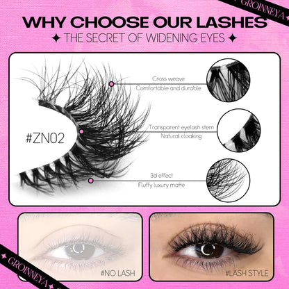 GROINNEYA 5/10 Pairs Mink Eyelashes, Invisible Band, Natural False Lashes, 3D Faux Mink Extensions