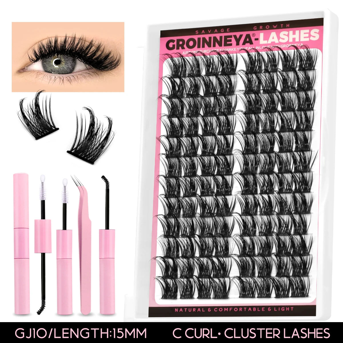 GROINNEYA Lash Clusters Kit DIY Lash Extension Kit Individual Lashes Cluster with Lash Bond & Seal & Remover EyeLashes Extension