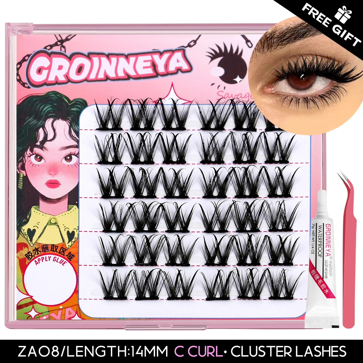 GROINNEYA Lash Clusters Kit False Eyelashes & Tools Lash Bond And Seal And Eyelash Tweezers DIY Lash Extension Kit Makeup