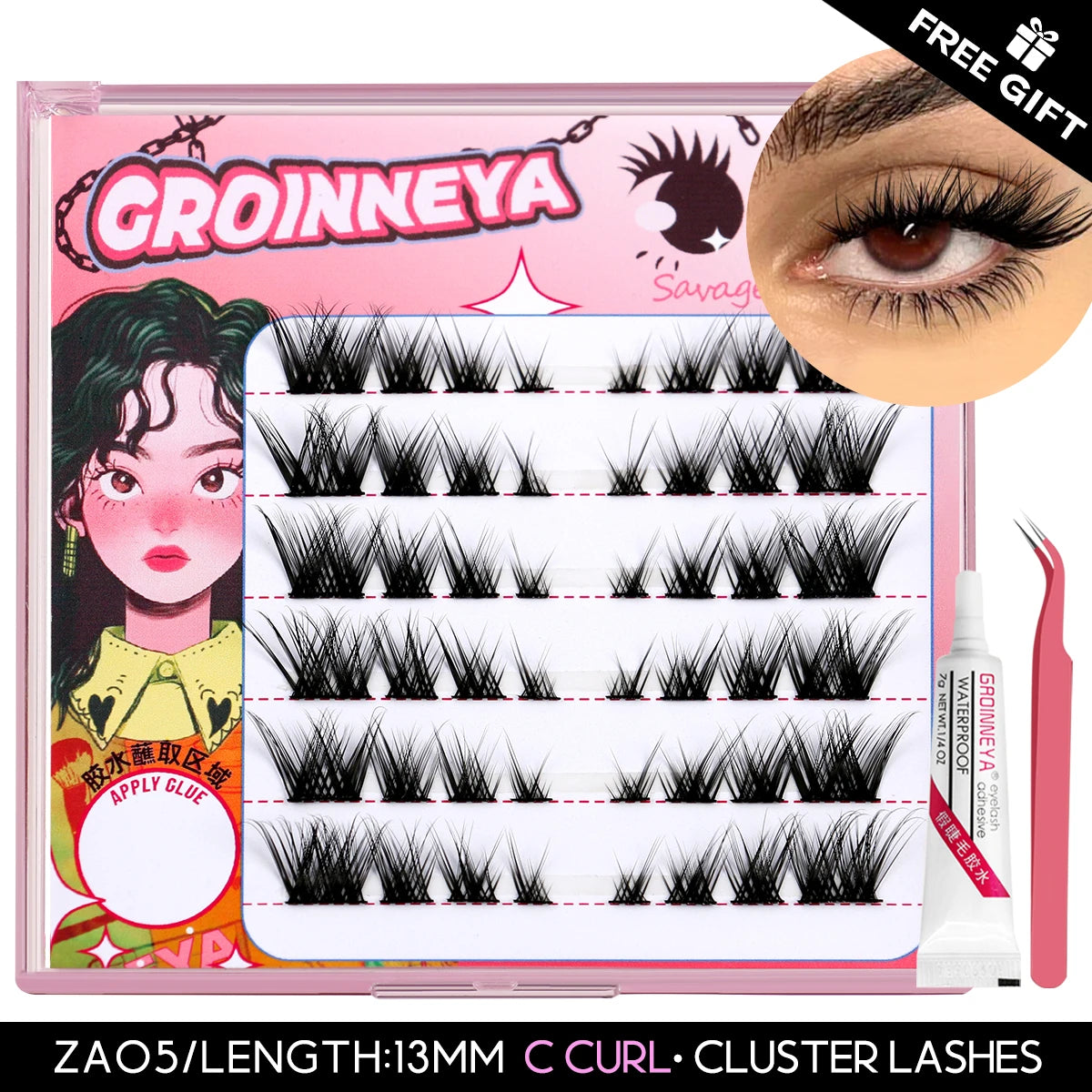 GROINNEYA Lash Clusters Kit False Eyelashes & Tools Lash Bond And Seal And Eyelash Tweezers DIY Lash Extension Kit Makeup