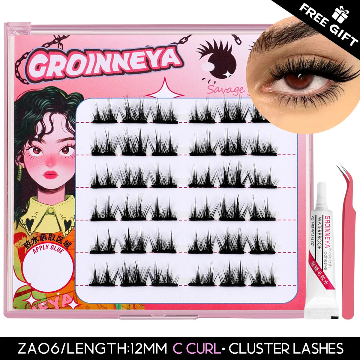 GROINNEYA Lash Clusters Kit False Eyelashes & Tools Lash Bond And Seal And Eyelash Tweezers DIY Lash Extension Kit Makeup