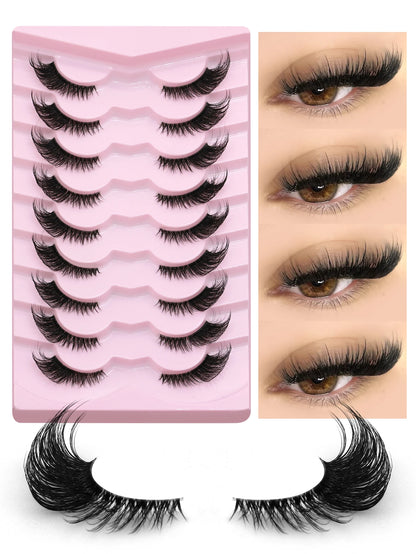 GROINNEYA Half Lashes, 3D Natural False Cat Eye Lashes, Soft Cross, Clear Band, Eyelash Extensions