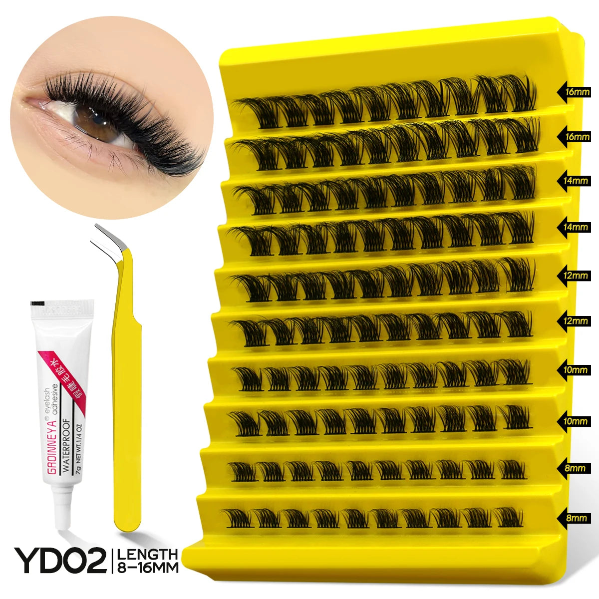 GROINNEYA Lash Clusters Kit, Waterproof Strong Hold, DIY Lash Extensions, Bond & Seal, Tweezers