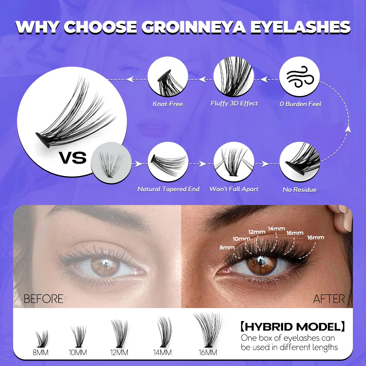 GROINNEYA Cluster Lashes, Natural Eyelash Extensions, Volume Individual Lashes, Mixed Tray, Faux Mink