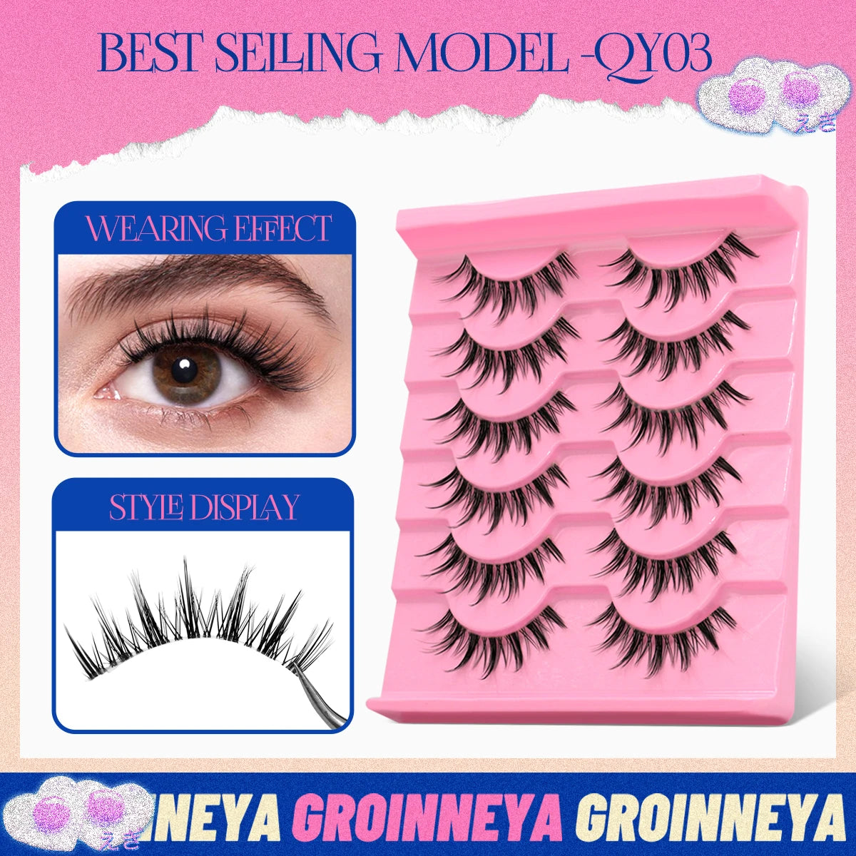 GROINNEYA Cat eye Lashes 5/6 pairs Clear Band Lashes Natural Look 6D Wispy Eyelashes False Lashes Eyelashs Extension