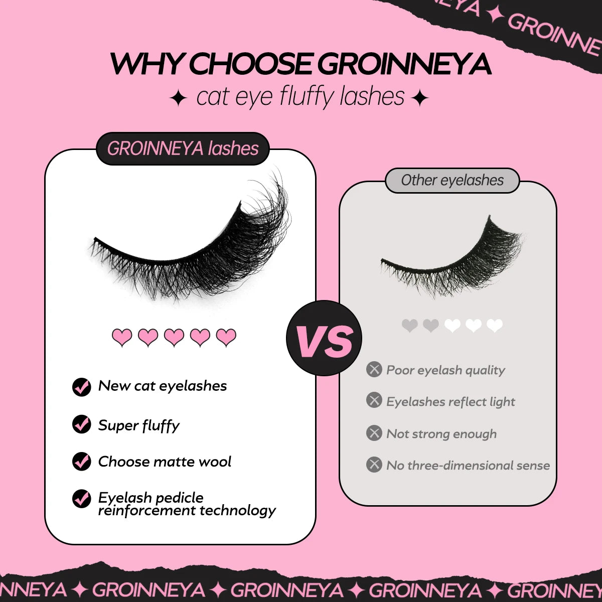 GROINNEYA Cat Eye Fluffy Lashes, Faux Mink, Long 5/7 Pairs, Dramatic Volume Lashes, Extension Makeup